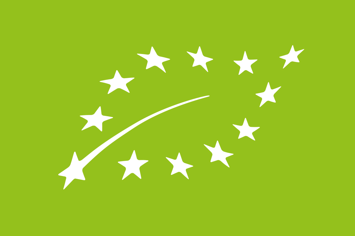 Logo produkcji ekologicznej - znak zielony znak z białym liściem utworzonym z gwiazdek.